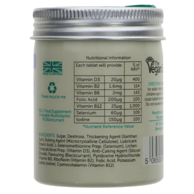 Vegan Society blackcurrant flavoured multivitamin chewy tablets. 90 tablets in one bottle. No added sugar, Vegan-friendly, 3-month supply.