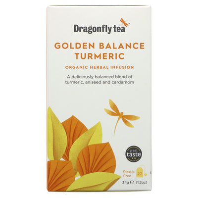 Dragonfly Tea's Golden Balance Turmeric Tea - Organic, Vegan - Promotes cell and liver health while fighting toxins, made with turmeric, aniseed, and cardamom.