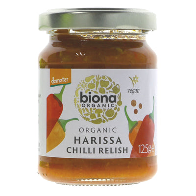 Biona Harissa Relish: Organic & Vegan, perfect for adding a hot kick to your favourite dishes.