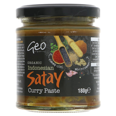 Organic vegan Satay Curry Paste with ginger, garlic, lemongrass. Sweetened with molasses & date syrup. No VAT.