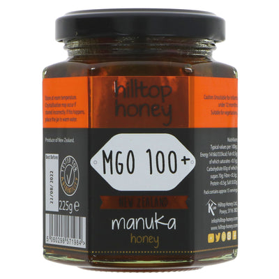 Hilltop Honey Manuka Honey MGO 100+ - Authentic, herbal & anti-bacterial with rich flavor in 225g jar.