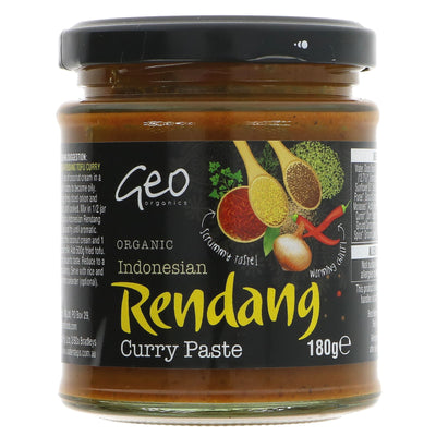 Geo Organics' Indonesian Rendang Curry Paste - Organic & Vegan, made with red chilli, ginger, date syrup & molasses. Perfect for rice, noodles or veggies.