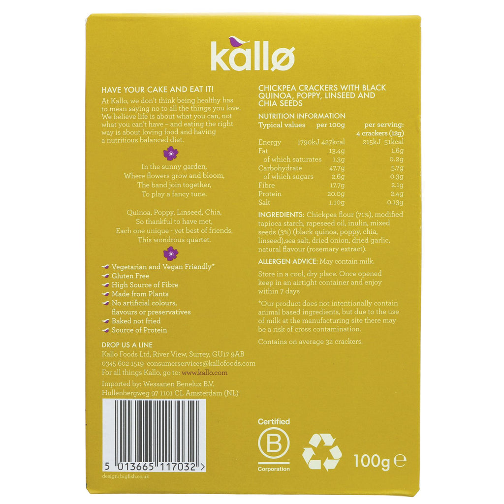 Mixed Seeds Veggie Thins by Kallo: Gluten Free & Vegan. High in Fibre, Protein, & made from Plants. No artificial additives.