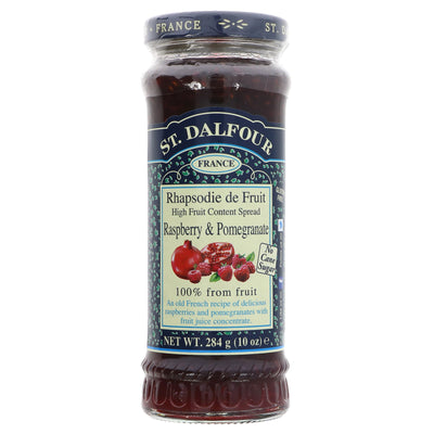 St Dalfour Raspberry & Pomegranate Spread: Gluten-free, vegan, and made with an old French recipe. Perfect for toast or recipes. No VAT charged.