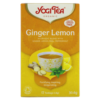 Organic, vegan Yogi Tea blend of Ginger, Lemon & Peppermint. Perfect for detox or mid-day pick-me-up. Enjoy hot or iced!