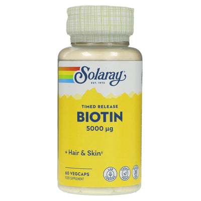 Solaray Biotin Timed Release 5000ug - Gluten-free, vegan supplement for healthy liver, hair, eyes & more.