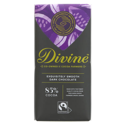 Divine 85% Dark Chocolate: Fairtrade, vegan, no added sugar. Perfect for snacking or baking. Great Taste Award-winning flavor. 90g bar.