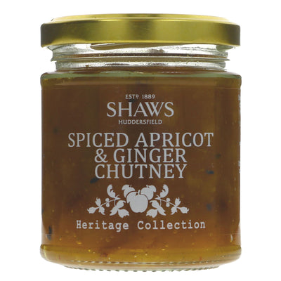 Shaws Spiced Apricot Ginger Chutney: tangy, vegan, gluten-free, and a Great Taste Award winner! Perfect with cheese, roast meats, and curries.