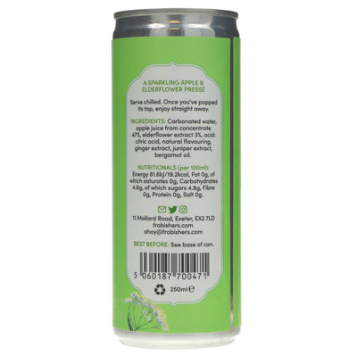 Frobishers' Apple & Elderflower Press with a hint of ginger and bergamot, gluten-free and vegan, with Devon spring water. Only 60 calories per can.