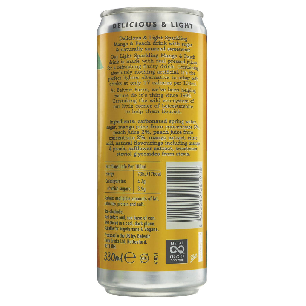 Sparkling mango & peach cans by Belvoir. Vegan, low calorie, premium soft drink with natural ingredients. Delicious & light.