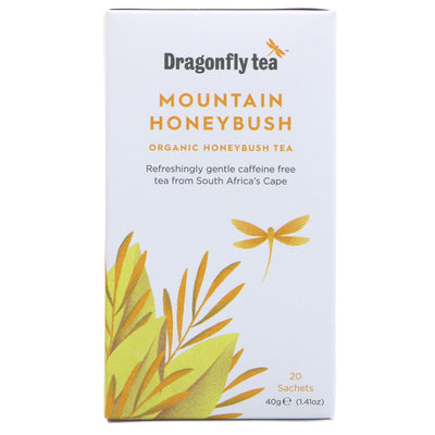 Organic, caffeine-free Mountain Honeybush Tea by Dragonfly Tea - perfect hot or iced, no need for milk or sugar. Vegan-friendly!