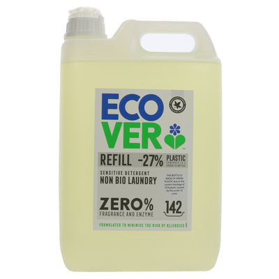 Ecover's Zero Non Bio Laundry Liquid: vegan, gentle on clothes and environment, 5L bottle made of 100% recycled plastic.