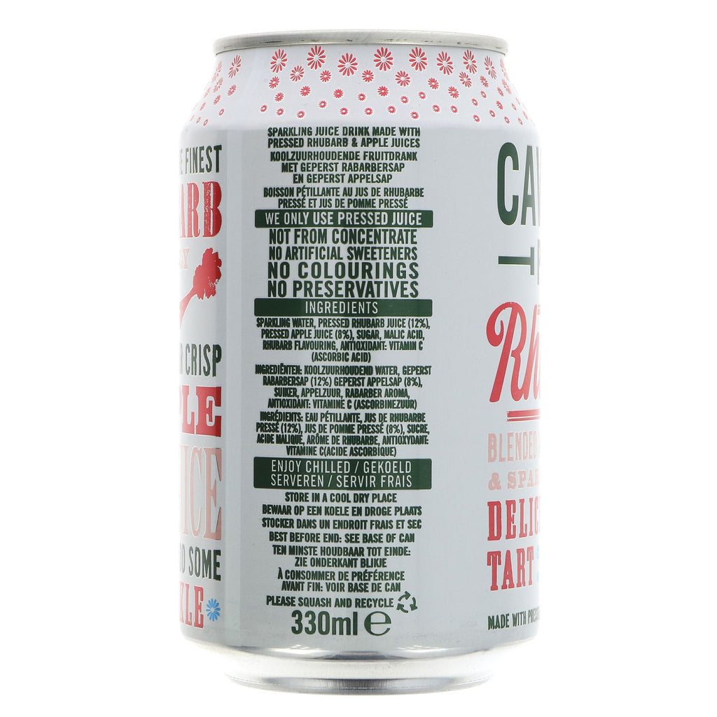 Cawston Press Apple & Rhubarb: Tart & sweet, hand-cut Rhubarb & sweet-pressed Apples, vegan & no added sugar. Lightly sparkling 330ml can.