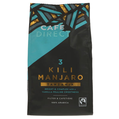 Cafe Direct Kilimanjaro Tanzania Ground coffee - Fairtrade, vegan, bold and complex. Enjoy black or with non-dairy milk.