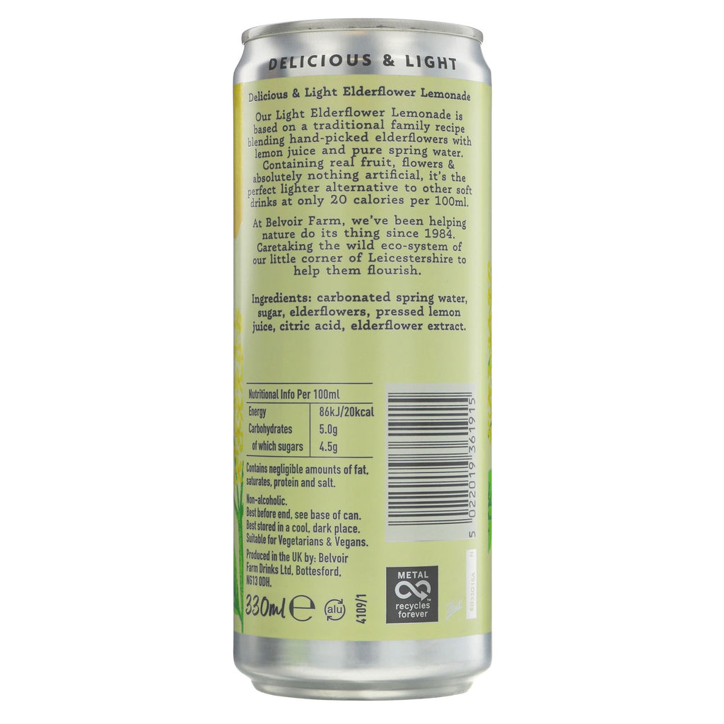 Delicious & light Elderflower Lemonade cans by Belvoir. Vegan, low calorie, premium soft drink with natural ingredients. Perfect for any occasion.
