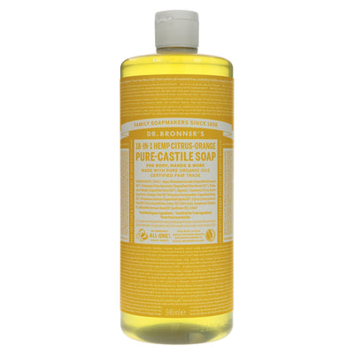 Dr. Bronners Orange Castile Liquid Soap - Fairtrade, organic, & vegan 946ml bottle. Use for body, hair, dishes, laundry & more!