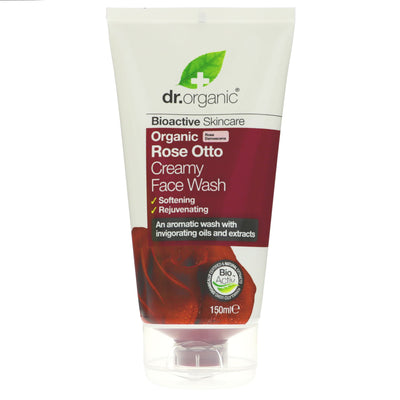 Dr Organic Rose Otto Face Wash: Vegan, Softening, Nourishing, Refreshing. Perfect for daily skincare.