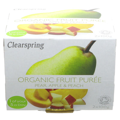 Clearspring's Organic Pear, Apple, Peach Puree Org - 2x100g - made with only finest organic fruits. Vegan & free from additives.