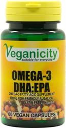 Veganicity | Omega-3 DHA:EPA 500mg 60 Vcaps Fish friendly Algal Omega-3 | 60vegicaps