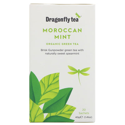 Dragonfly Tea Moroccan Mint: Organic, vegan gunpowder green and peppermint blend. Perfect for any time of day. 20 bags. No VAT.