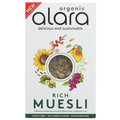 Organic, vegan Rich Muesli with vine fruits & slow-release oats for an energy boost. No VAT charged. By Alara,