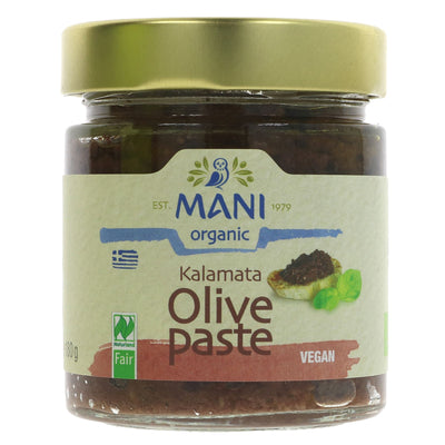 Organic vegan olive paste made with Kalamata olives & Mani olive oil - perfect for cooking or as a spread.