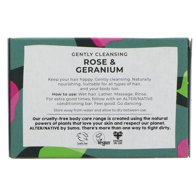 Luxury vegan shampoo bar with Rose & Geranium essential oils. Perfect for all hair types & body. Cruelty-free, eco-friendly. ALTER/NATIVE by Suma.