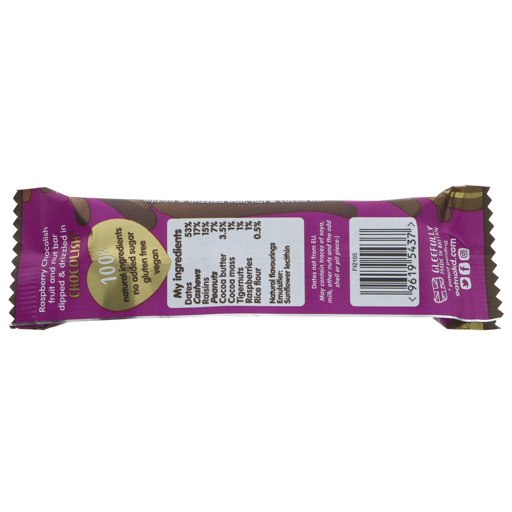 Nakd Raspberry Chocolish Big Bite: Gluten-free & Vegan snack bar made with fruit, nuts & cocoa, dipped & drizzled in chocolate.