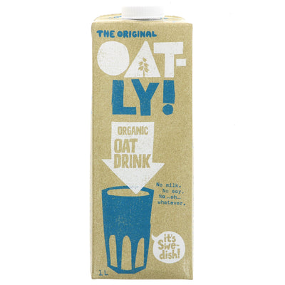 Creamy non-dairy Oatly organic oat drink, perfect for vegans, with hint of sea salt. No refrigeration needed!