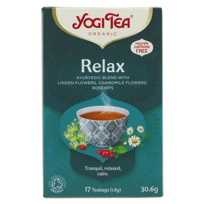 Organic vegan Yogi Tea Relax blend - linden, chamomile, rosehips. Soothing and perfect for unwinding. 17 bags.