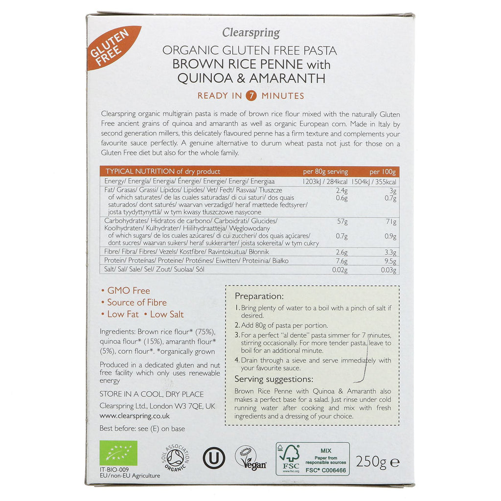 Clearspring's Brown Rice Penne - Gluten Free, Organic & Vegan with Quinoa & Amaranth - guilt-free pasta.