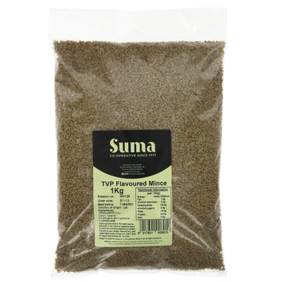 Suma's TVP Flavoured Coloured Mince: High-protein vegan alternative. Add to casseroles, pies, & stews. No VAT.