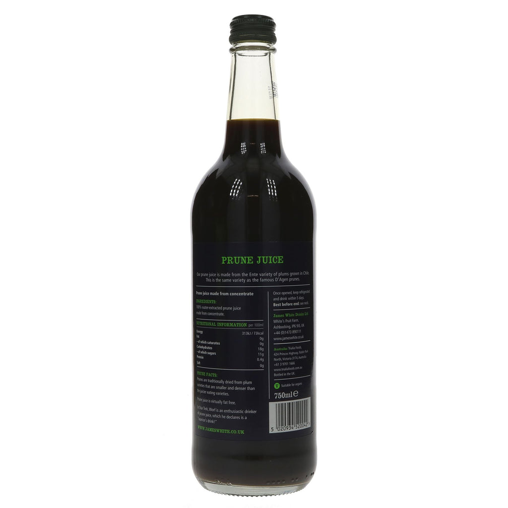 James White Prune Juice, rich fruity taste, dehydrated Ente plums from Chile. Vegan, 750ml glass bottle.