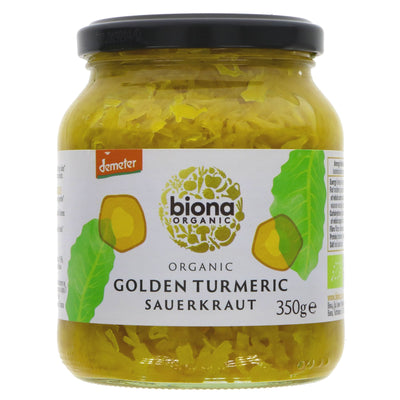 Organic Biona Sauerkraut Golden Turmer - Add a zing to your meals with fresh turmeric and ginger. Perfect for salads, wraps, burgers, and more. Vegan and organic.