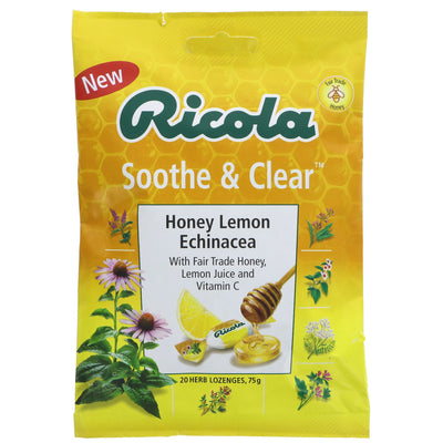 Soothe your throat with Ricola's Honey, Lemon & Echinacea lozenges made with 13 Swiss mountain herbs, Fair Trade Honey, Lemon Juice & Vitamin C.