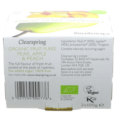 Clearspring's Organic Pear, Apple, Peach Puree Org - 2x100g - made with only finest organic fruits. Vegan & free from additives.