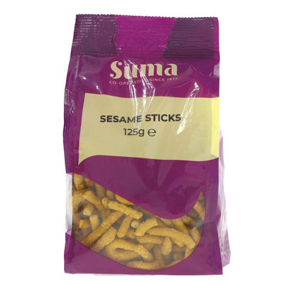 Suma's vegan Sesame Sticks - nutty flavor, satisfying crunch. Perfect for snacking on-the-go or as a lunch box addition. 125g.