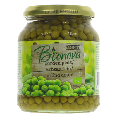 Bionova's unpasteurised organic Garden Peas - ready to eat, add to salads, soups, or as a healthy side dish.