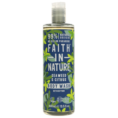 Refresh with Faith In Nature's Seaweed Body Wash - 400ML. Wild harvested seaweed nourishes while fragrant lemon invigorates. Vegan & 99% natural.