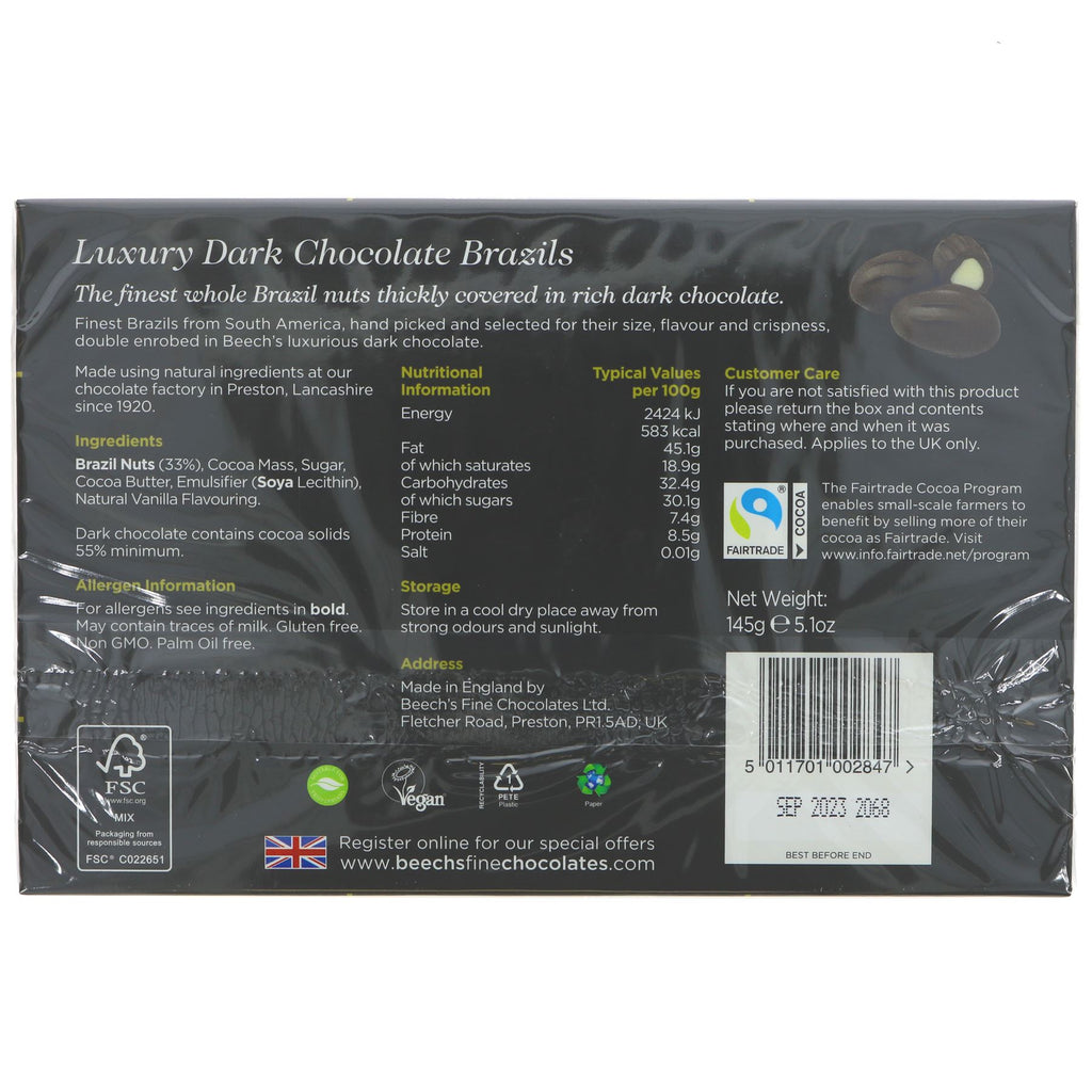 Dark Chocolate Brazils by Beech's Fine Chocolates. Gluten-free & vegan. Perfect for a guilt-free indulgence or as a gift.