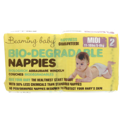 Vegan, biodegradable nappy for babies. Gentle on skin with 40% less chemicals than standard nappies. Available in Midi size.