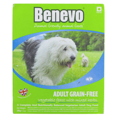 Vegan dog food with mixed herbs. Grain-free and nutritious. 395g.