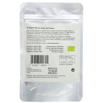 Organic, vegan Matcha Green Tea Powder by Qi - finely ground shade-grown leaves perfect for relaxation and staying alert.