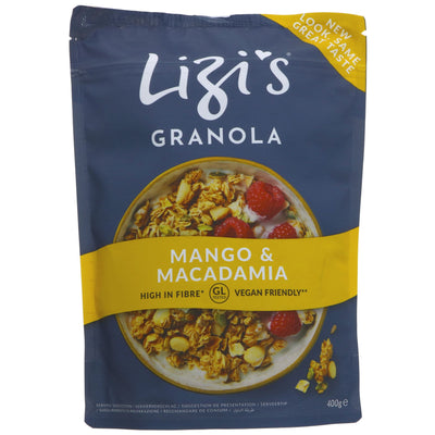 Lizi's Mango Granola: Real Mango Puree, Macadamia Nuts, No Added Sugar, Vegan. Perfect for breakfast or as a topping.