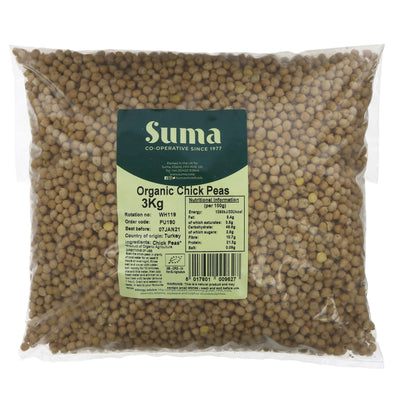 Organic, vegan chickpeas - perfect for curries, falafels & more. No VAT charged. May contain small stones – wash before use.