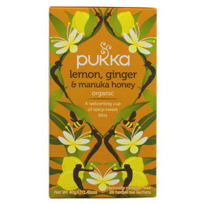 Pukka Lemon Ginger & Manuka Honey Tea - Organic blend of slow-dried lemons, ginger root, FairWild elderflowers & manuka honey to warm & soothe.