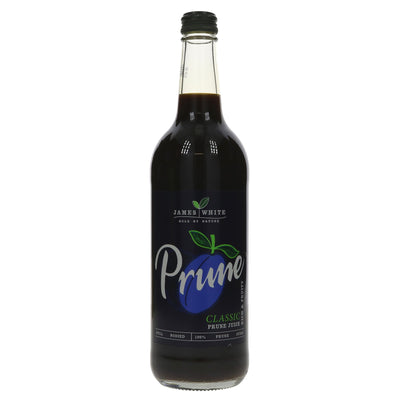 James White Prune Juice, rich fruity taste, dehydrated Ente plums from Chile. Vegan, 750ml glass bottle.