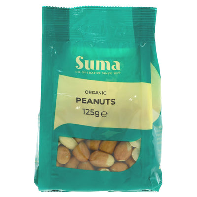 Organic peanuts with skins - great for snacking or recipes. Vegan-friendly. 125g. No VAT.