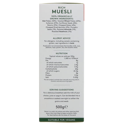 Organic, vegan Rich Muesli with vine fruits & slow-release oats for an energy boost. No VAT charged. By Alara,