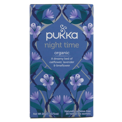 Pukka Night Time tea: organic, vegan & infused with oat flower, lavender & limeflower. Perfect for relaxation.